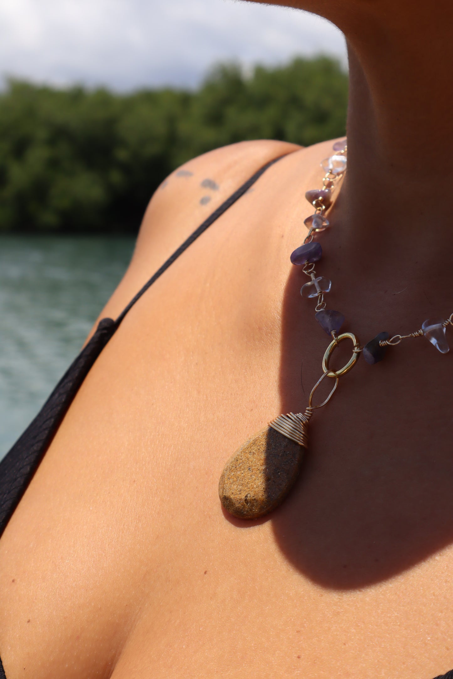 Naiara Necklace โ Amethyst, Clear Quartz & Sand Pendant
