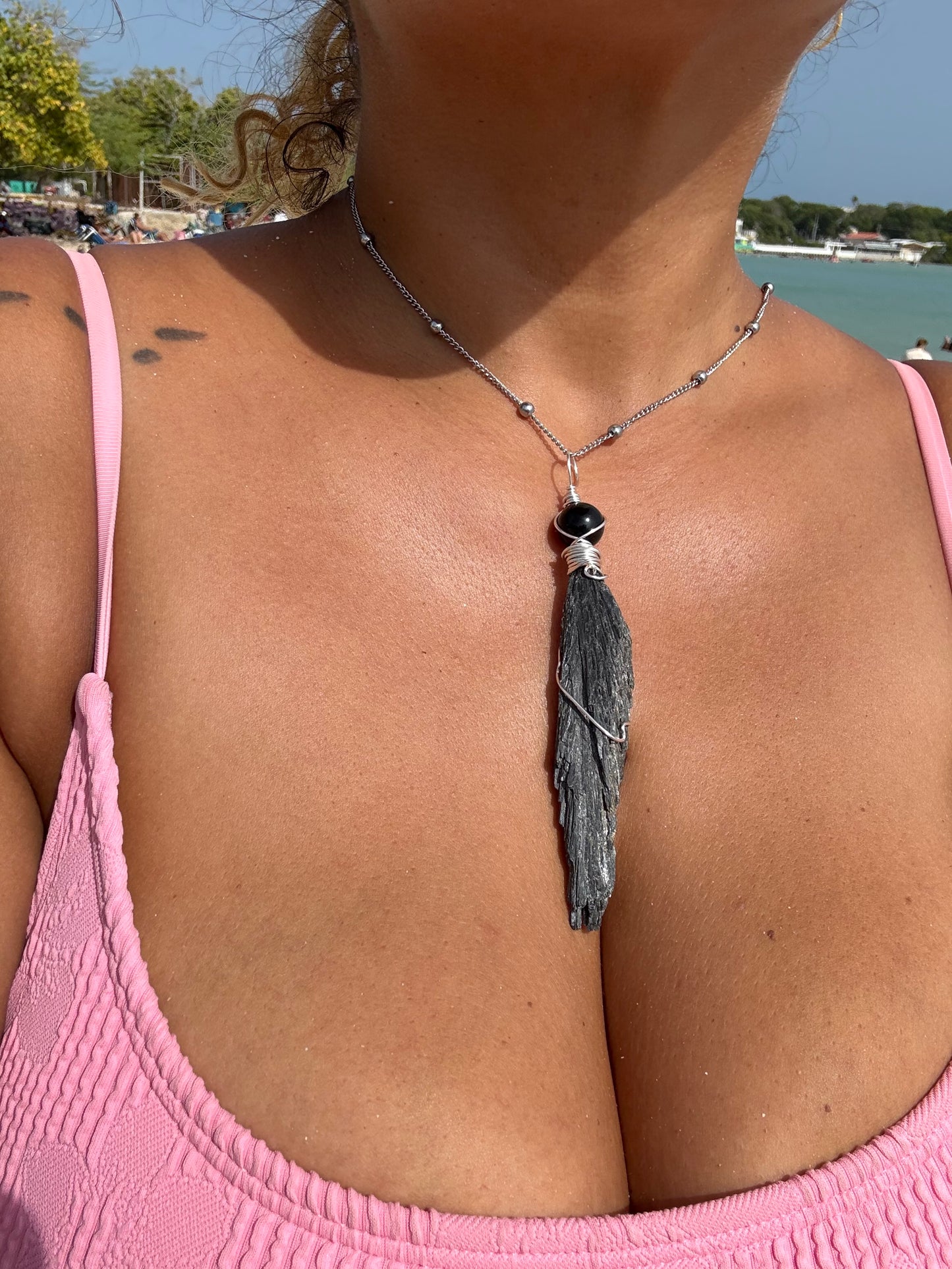 Nyx Pendant — Black Kyanite & Obsidian Necklace