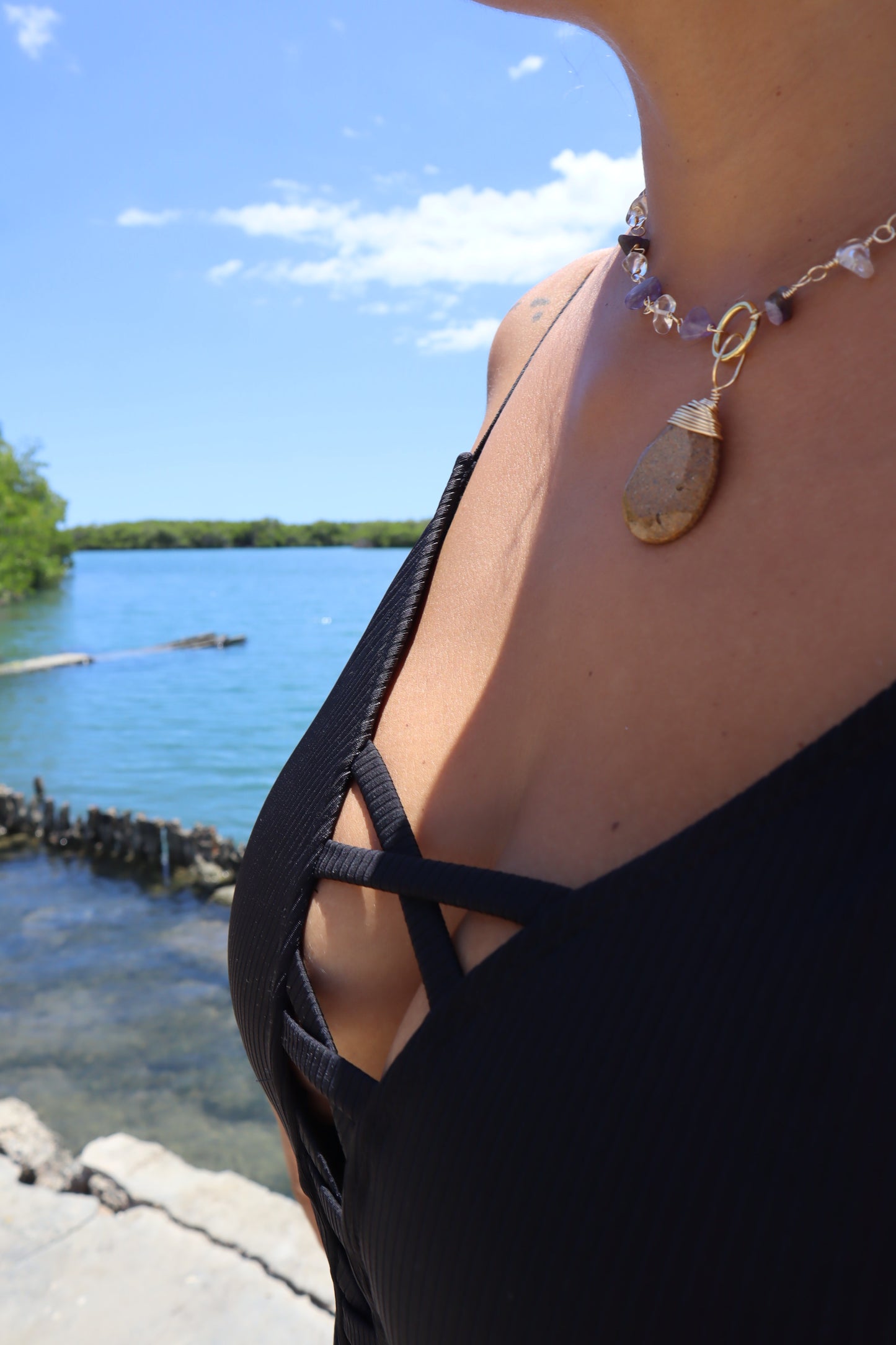 Naiara Necklace – Amethyst, Clear Quartz & Sand Pendant