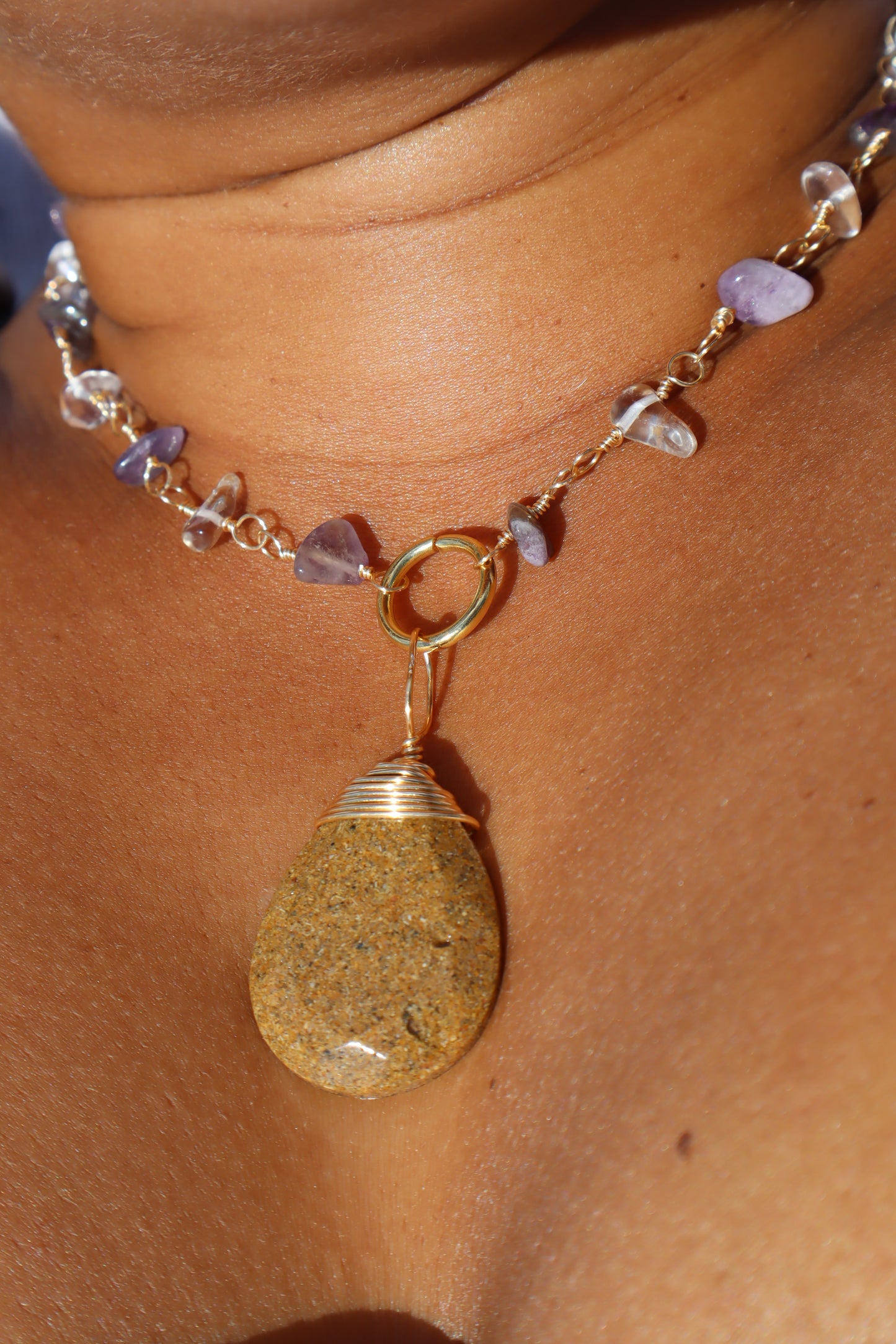 Naiara Necklace – Amethyst, Clear Quartz & Sand Pendant